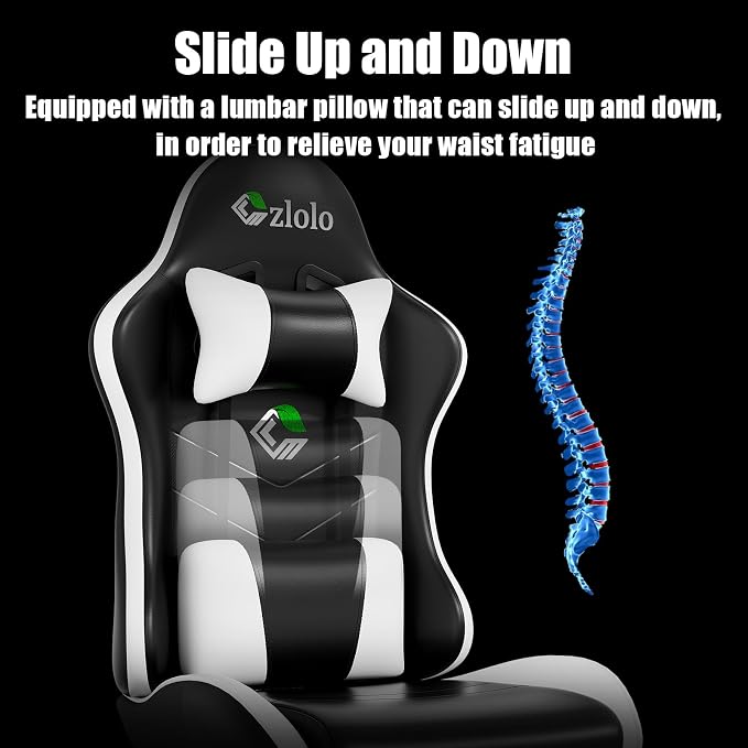 Czlolo Gaming Chair, Ergonomic Office Computer Chair with Footrest and Lumbar Support Massager High Back Video Gamer Chair, Wide＆Thick Cushion, 90°-135° Recline, Adjustable Height, Cloud White - Image 4