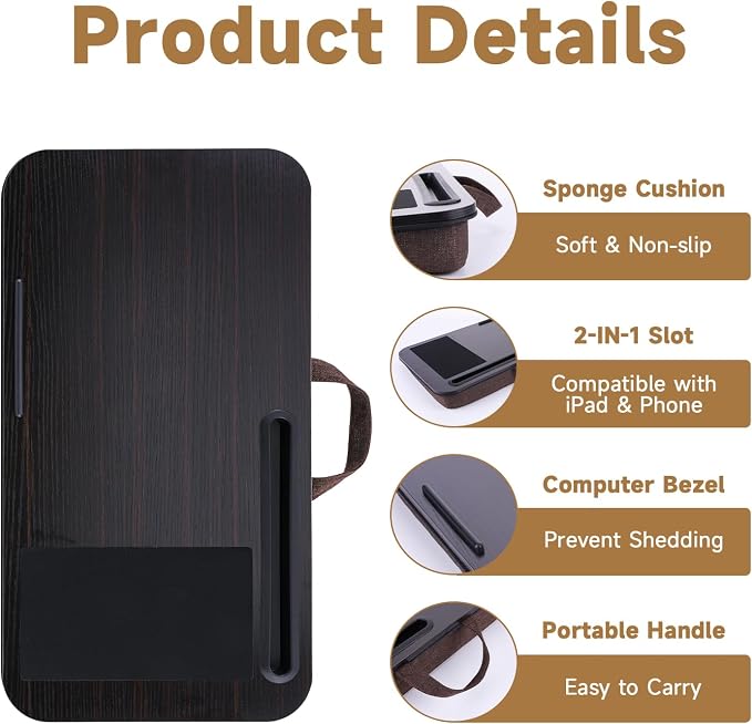 ASIEIT New Laptop Lap Desks for Adults, Fits Up to 17.3" Laptops, Portable Laptop Desk for Bed, Multi-Functional Bed Desk with Mouse Pad, Cushion, Phone Holder & Handle, Lap Stand for Bed, Couch, Car - Image 4