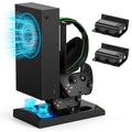 Charger Stand with Cooling Fan for Xbox Series S Console and Controller,Vertical Dual Charging Dock Accessories with 2 x 1400mAh Rechargeable Battery and Cover, Earphone Bracket for XSS(Black) by MENEEA