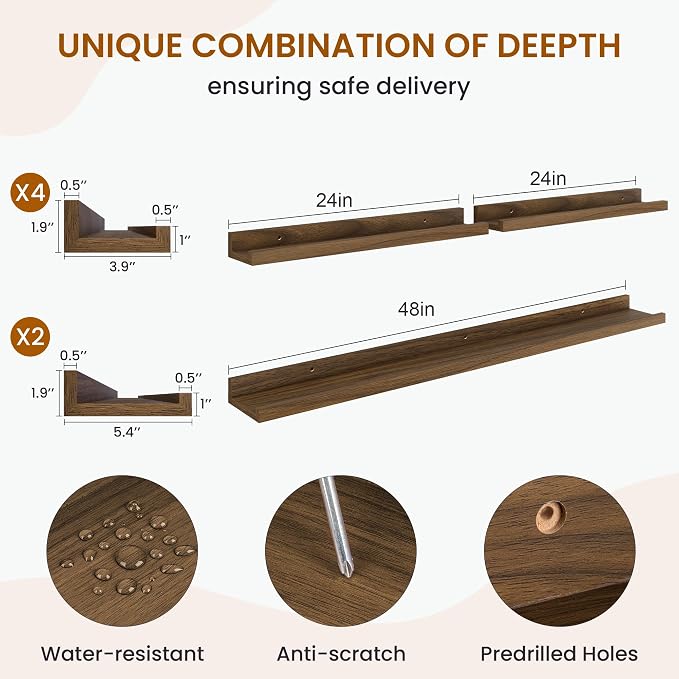 Picture Ledge Shelf, Floating Shelves for Wall Decor, Walnut, 6Pcs, 48'' - Image 3