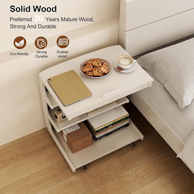 AQIMUELE Rolling Side Table, C Shaped End Table, C Table with 4 Wheels Solid Wood Small Rolling Desk with Adjustable Desktop,C Shaped End Table for Couch,Home Office(15.6" D x 23.6" W x 24.3" H) - Image 4