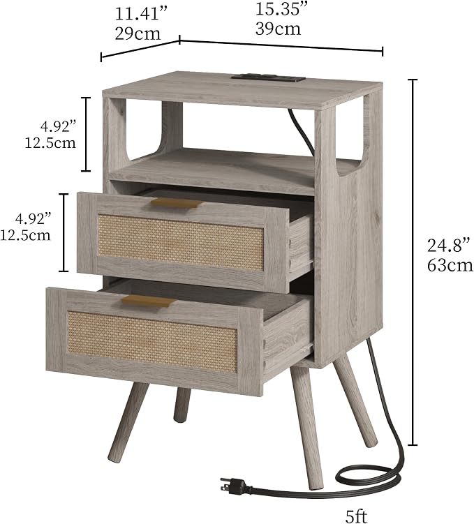 JOONEE Rattan Nightstand with Charging Station,Farmhouse Bedside Table with 2 Storage Drawer and Open Wood Shelf, for Bedroom and Small Spaces,Night Stand with Solid Wood Legs (Grey Oak-Outlet) - Image 2