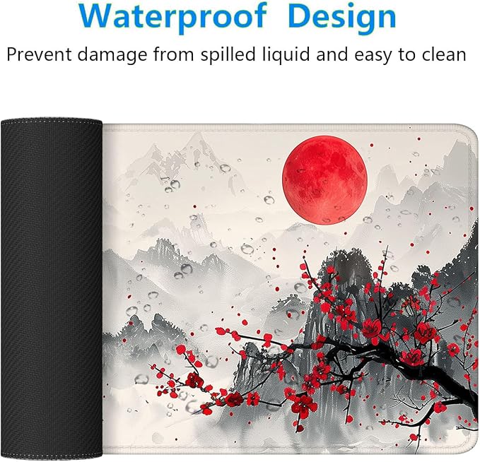 Watercolor Cherry Blossom Gaming Mouse Pad - Chinese Ink Painting Mountain Desk Mat With Stitched Edge Non-Slip Base for Office Computer Keyboard Laptop Home 31.5"x11.8" - Image 4