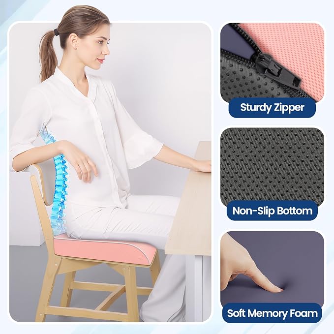 SweetSlubr Seat Cushion, Chair Pad, Memory Foam Tailbone Pain Relief | Office Chair Cushion for Tailbone Pain Relief, Non-Slip Cover, Soft Support for Office Chair, Car Seat, Airplane,Large/Pink - Image 7