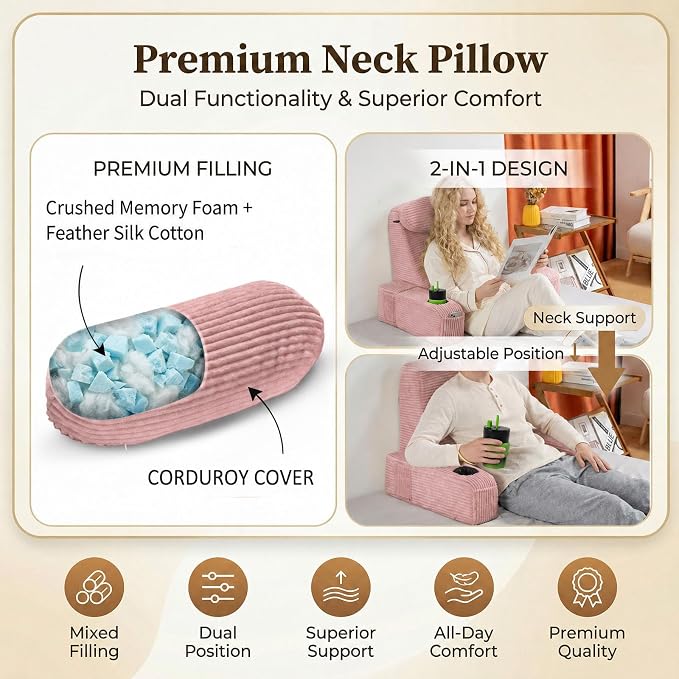 Reading Pillow for Adults, Back Pillow for Bed Sitting Up, Backrest Pillow for Sitting in Bed, Detachable Arms with Built-in Cup & Phone Caddy (Dusty Pink-Corduroy, 21 INCH) - Image 4