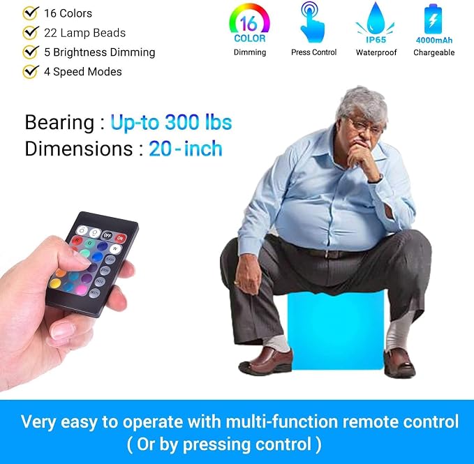 LOFTEK 20-inch LED Cube Table, Rechargeable Glowing Chair Seat w/Remote - Image 3