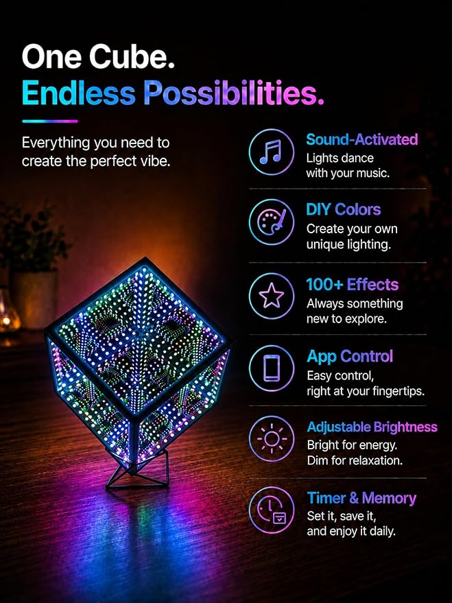 Infinity Mirror Hyper Cube Table Lamp, Desk Art Mood Light - Image 6
