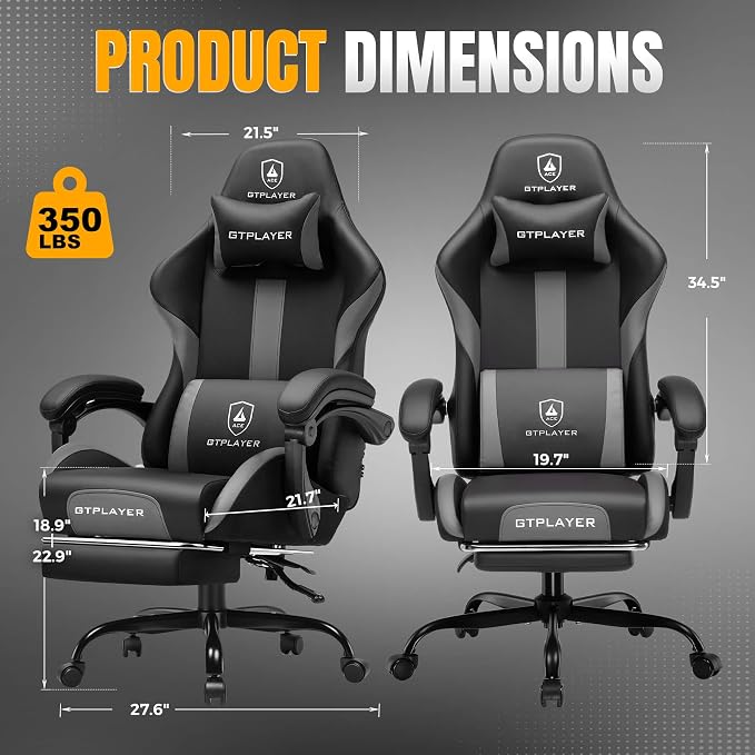GTPLAYER Gaming Chair with Pocket Spring Cushion, Leather Office Chair with Ergonomic High Back & Lumbar Support for Back Pain Relief, Computer Game Chair for Adults, Gray - Image 3