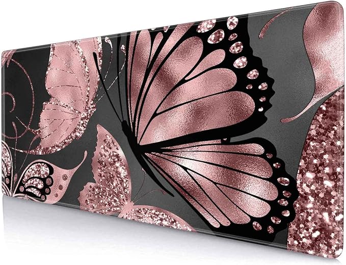 IMAYONDIA Gaming Mouse Pad for Women, Large Non-Slip Rubber Base Mousepad with Stitched Edges, Keyboard Mouse Mat Desk Pad for Work, Game, Office, 31.5x11.8 Inch - Rose Gold Glitter Foil Butterfly by IMAYONDIA