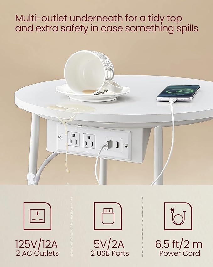 VASAGLE Side Table with Charging Station,Fabric Basket, Round End Table - Image 5