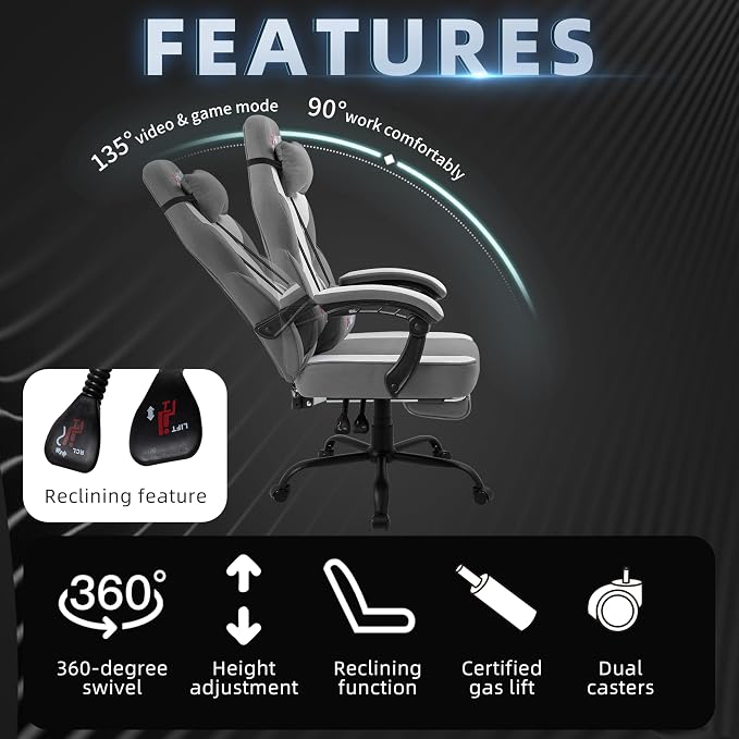 Shintenchi Big and Tall Gaming Chair Fabric Pocket Spring Cushion,High Back Recliner with Footrest and Headrest for Adults, Massage Lumbar Support for Home Office, Ergonomic Computer Desk Chair, Gray - Image 6