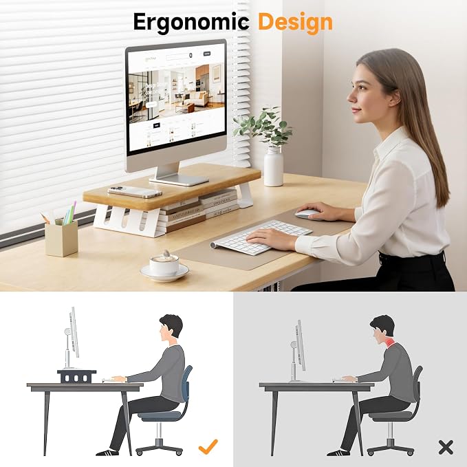 Monitor Stand Riser, 24 Inch Wood Desk Monitor Riser for Laptop/PC/Printer | Computer Monitor Stands with Storage for Desk, Desktop Stands Organizer for Home Office, Holds 220 LBs Load, Oak - Image 6