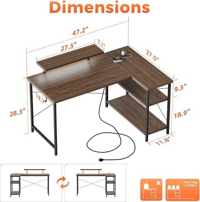 Mericonia 55 in L Shaped Gaming Desk, Large Corner Desk with Monitor Stand | Reversible Computer Desk with Power Outlets, LED Light & Storage Shelves, Office Table for Home Bedroom Study Work Writing - Image 2
