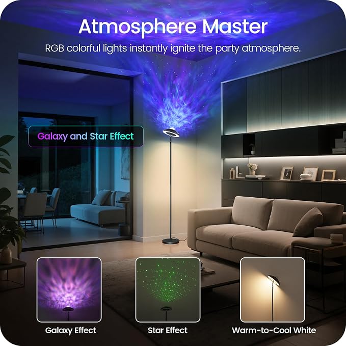 LED Floor Lamp with RGB Galaxy Projector, 18W Double Sided Corner Light Rotatable, Dimmable Standing Lamp with Remote, Black Modern Lamp for Living Room, Bedroom, Kids Room, Gaming B14LD05 - Image 2