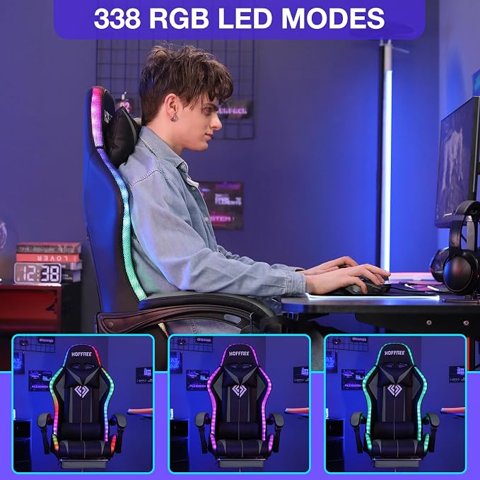 RGB Gaming Chair with LED Lights Massage Ergonomic Computer Chairs-Grey | High Back Video Game Chair with Footrest & Adjustable Lumbar Support Gamer Chairs for Adults Racing Style Recline - Image 4