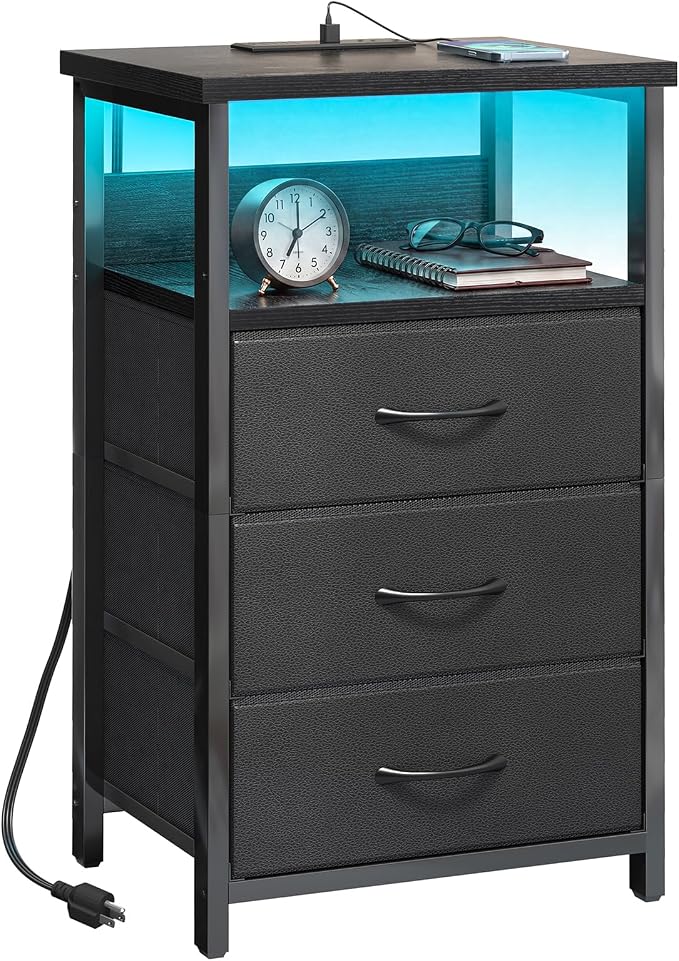 Fixwal Night Stand with 3 Drawers, Black Nightstand with Charging Station by Fixwal