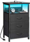 Fixwal Night Stand with 3 Drawers, Black Nightstand with Charging Station by Fixwal