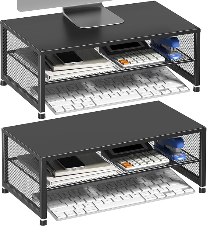 ECOLOVI 2-Tier Computer Monitor Stand Riser, Printer & Laptop Stand, Office Desk Accessories, Workspace Desk Organizer for Home Office Supplies, Black 2-Pack by ECOLOVI