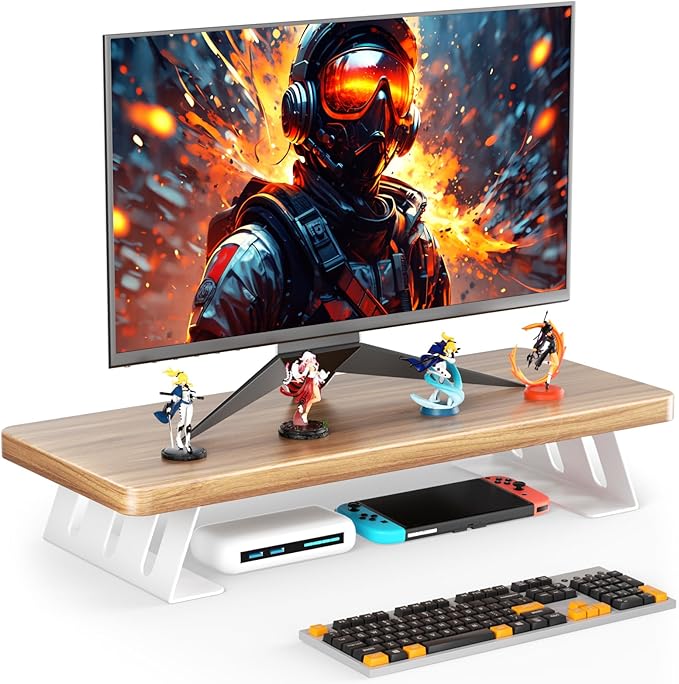 Monitor Stand Riser, 24 Inch Wood Desk Monitor Riser for Laptop/PC/Printer | Computer Monitor Stands with Storage for Desk, Desktop Stands Organizer for Home Office, Holds 220 LBs Load, Light Walnut﻿ ﻿ by NestNeatHome