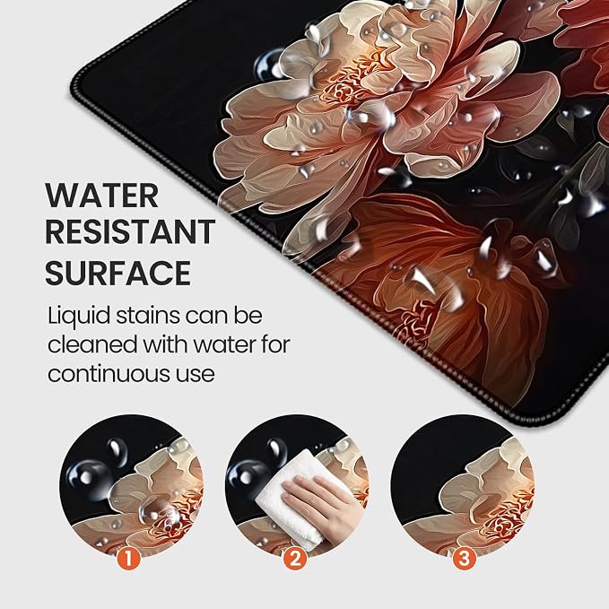 Extended Mouse Pad, Elegant Peony Floral Design, 35.4 x 15.7 Inch, Microfiber Surface, Non-Slip Base, Waterproof, Black with Coral and Cream Flowers - Image 4
