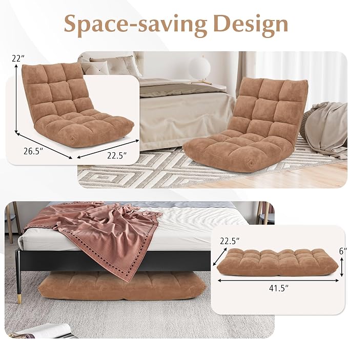 14-Position Floor Sofa, Folding Gaming Sofa Chair, Comfy Cushions & Study Steel Frame, Angle Adjustable Sleeper Bed, Couch Recliner (Tan) - Image 7