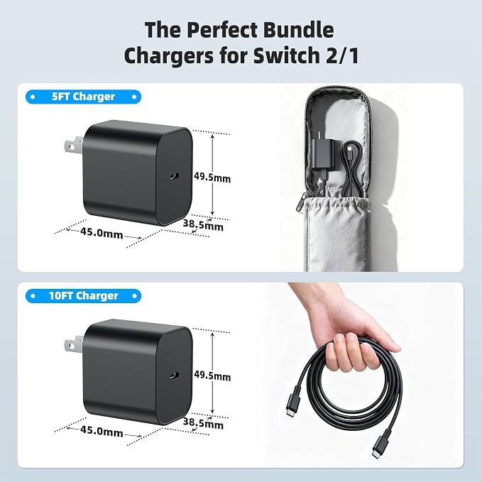 (2 Pack) Switch 2 Charger with 5FT/10FT USB-C Cables, 60W PD3.0 Fast Charger for Nintendo Switch 2/1/OLED/Lite/Steam Deck, 4K TV Dock Ready AC Adapter, Works with USB-C Devices – Compact & Durable - Image 7
