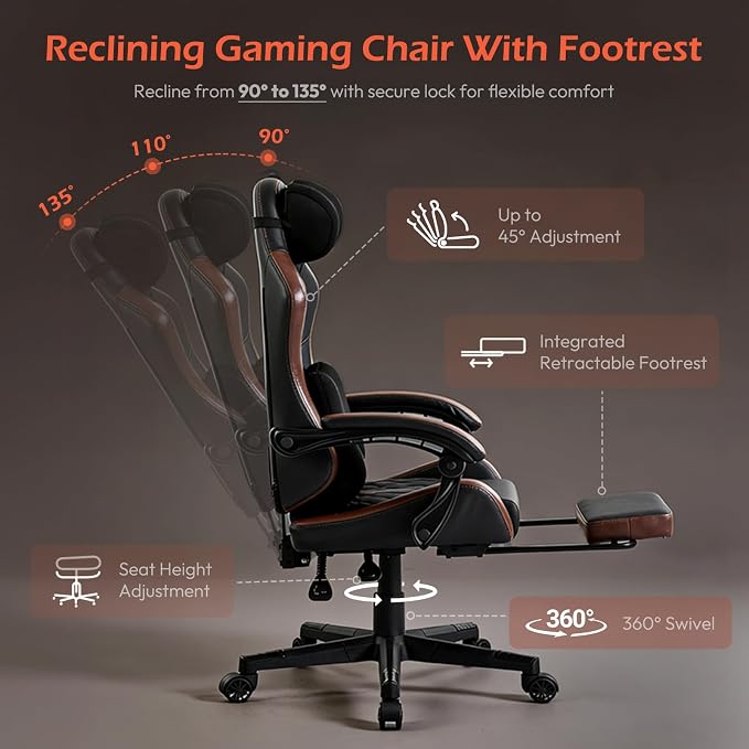Ergonomic Gaming Chair for Adults with Footrest - PU Leather Computer Gamer Chair with Memory Foam Headrest & Lumbar Pillow, Reclining Silla Gamer Video Game Chair for Home Office, Black & Brown - Image 4