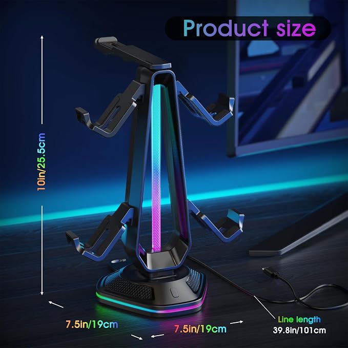 Luckit Gaming Headphones Stand, RGB Headset Stand with 12 Light Modes, Controller Holder with 2 USB Charging Ports - Supports Data Transfer, Earphone Hanger Accessories for Desktop Gamer - Image 6
