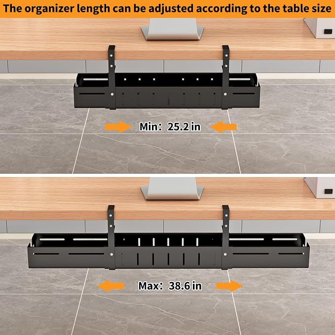 Under Desk Cable Management Tray, Expandable Length 25.2"-38.6",No Drill No Damage to Desk,Cable Tray with Clamp for with Wire Management,for Cord Organizer for Home Office Standing Desk, Black - Image 3