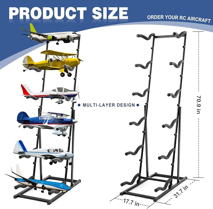 RC Airplanes Storage Rack 6-tier Metal Model Airplane Display Stand 18" x 71" with Adjustable Shelves Holds Multiple Remote Control Plane - Image 3