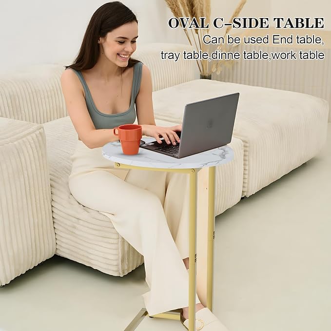 C Shaped End Table, Oval Couch Side Tables for Living Room, Sofa End Table with Metal Frame, Small Wooden Snack Table for Bedroom, Small Spaces, Easy Assembly, Gold - Image 4
