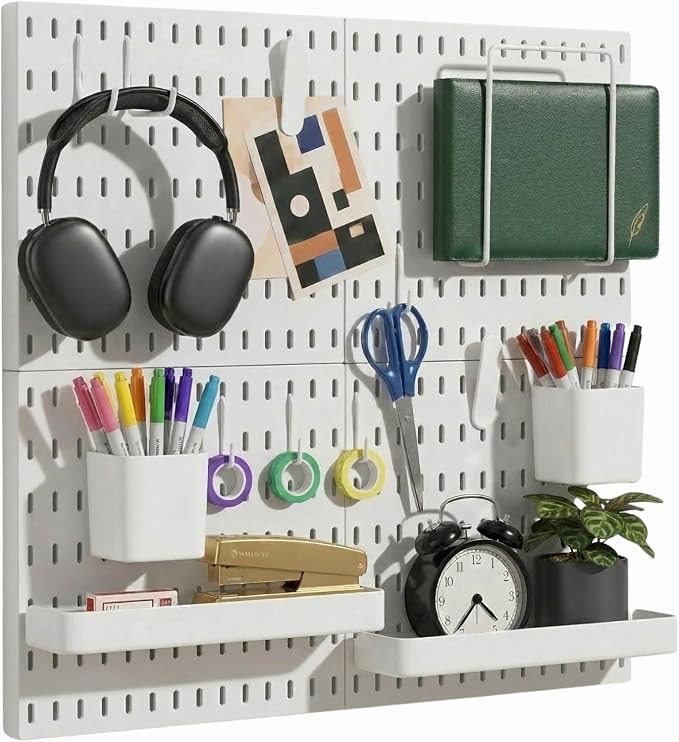 Keepo Peg Board Wall Organizer – Plastic Pegboard Panels, Modular Peg Board Storage System For Home Office, Craft Room, Gaming Setup (White, 22″×22″) by Keepo