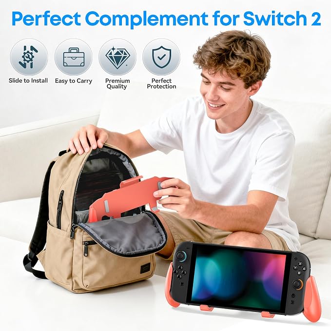OIVO Grip Compatible with Nintendo Switch 2, Switch 2 Ergonomic Grip Case with Adjustable Stand, Comfort Game Accessories with 5 Game Card Slots and 4 Thumb Caps, Orange - Image 7