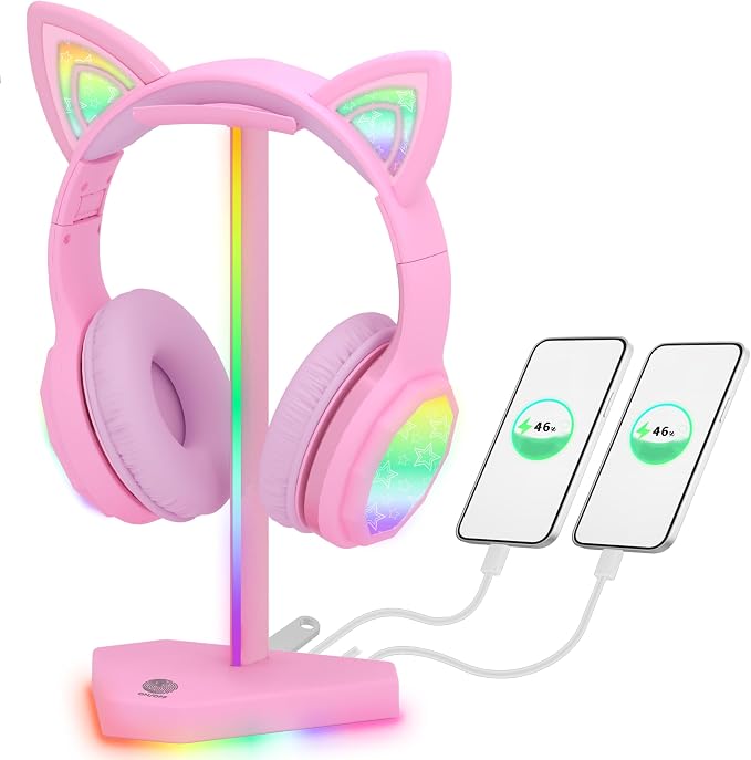 RGB Headphones Stand with 1 USB-C Data Transmission& 3 Type-C Charging Port, Desk Gaming Headset Holder with 7 Light Modes and Non-Slip Rubber Base (Pink) by charlxee