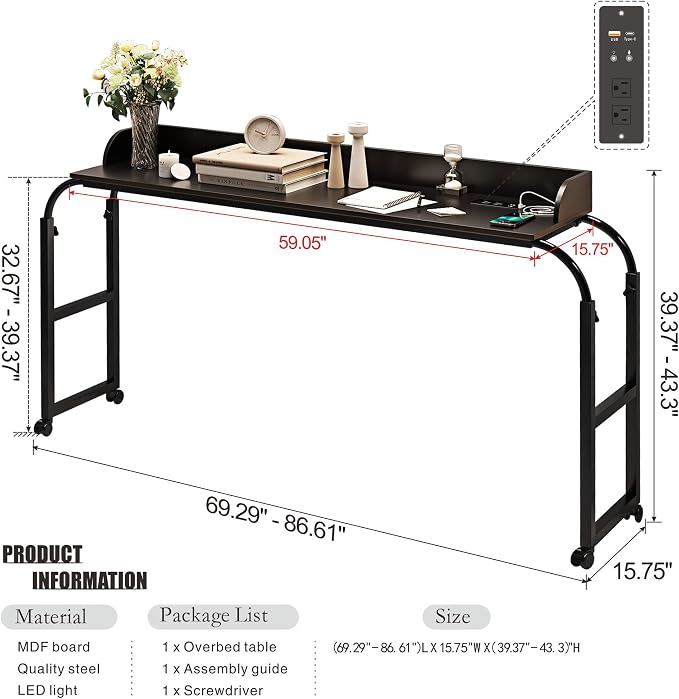 HWB Over Bed Desk with LED Light, Wheels & Charging Station, Black - Image 2