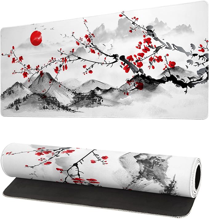 Japanese Cherry Blossom Gaming Mouse Pad 27.6x11.8 Inch Pink Full Desk Sakura Large Non-Slip Rubber Base Waterproof Big Keyboard Mat With Stitched Edges for Office by Siski