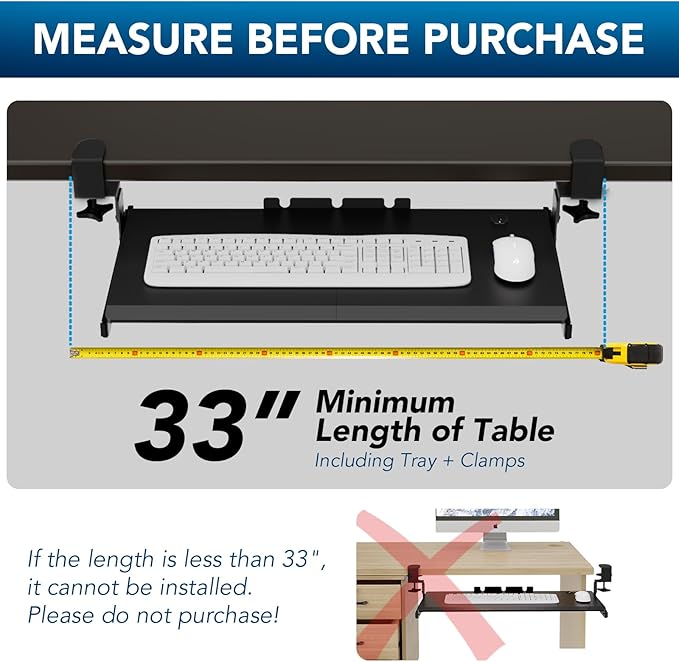 AX WABER Keyboard Tray Under Desk Pull Out with Extra Sturdy Adjustable C Clamp Mount System, 27.3 (32.5 inch Including Clamps) x 11 Inch Slide-Out Platform Computer Drawer for Typing, Black,AX01WB01 - Image 5