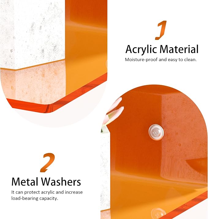 Sezanrpt 9 Inch Orange Wall Shelves, Acrylic Wall Mounting Ledges Display, Acrylic Display Wall Shelf for Funko Pop Figures, Collectibles, Plants, Décor, Toiletries, Spices, 2 Pack - Image 5