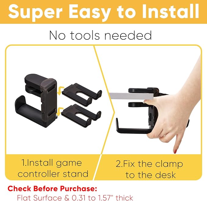 3 in 1 Under Desk Headphone Hanger with Adjustable Clamp Mount, 2 Controller Slots & 1 Headset Universal Holder Stand, Rotatable Hook Rack & Cable Organizer, for Home Gaming Xbox ps5 - Black - Image 6