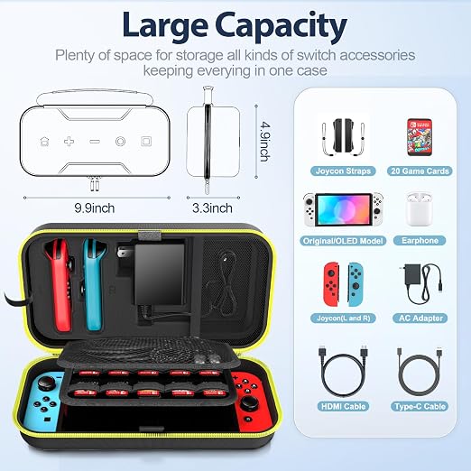 OIVO Switch OLED Carrying Case Compatible with Nintendo Switch & OLED, Portable Switch Travel Carry Case Fit for Joy-Con and Adapter, Hard Shell Protective Switch Pouch Bag with 20 Games, Yellow - Image 3