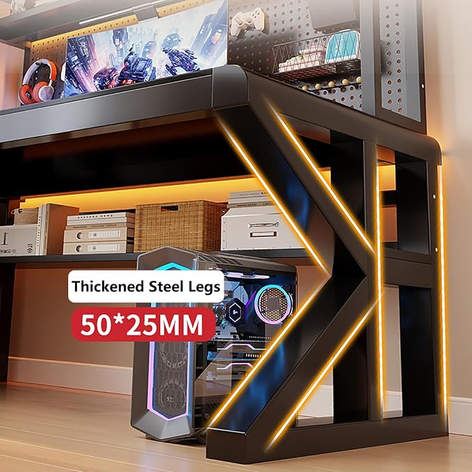 Gaming Desk with Pegboard and Storage Shelves,Tempered Glass Computer Desk Workspace,Modern Writing Study Table Gaming Table with Metal Frame for Home Office(100x60x165cm(39x24x65inch), I) - Image 7