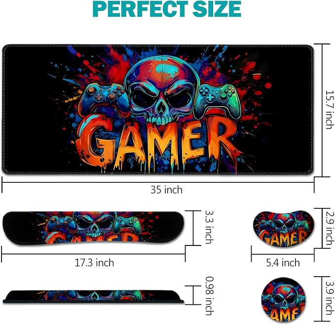 AIMSA Large Gaming Mouse Pad Set, Keyboard Wrist Rest Support + Extended Mouse Pad + Mouse Wrist Cushion + Coaster, Skull Gamer Ergonomic Memory Foam Multifunctional Desk Mat 35x15.7inch - Image 7