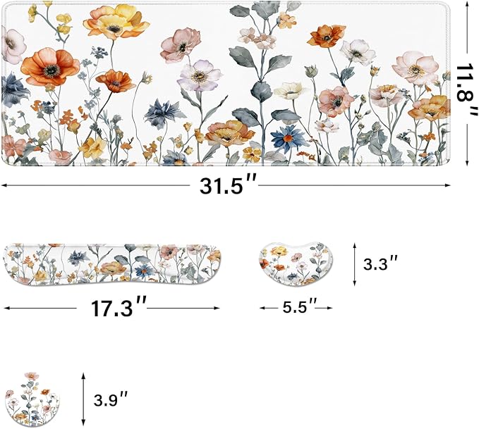 Desk Pad and Keyboard Wrist Rest, Large Mouse Pad + Keyboard Pad+Mouse Wrist Support, Non-Slip Desk Mat Protector for Office, Home 31.5×11.8 Inches Cute Floral - Image 4