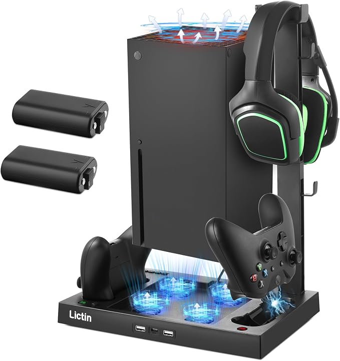 Lictin Cooling Fan Charging Station for Xbox Series X Console & Controller | Upgraded 4 Cooler Fan System Stand, Vertical Dual Charger Station Dock Accessories with 2 x 1400mAh Rechargeable Battery by Lictin