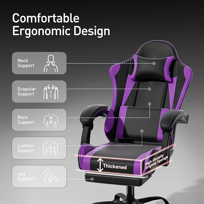 MoNiBloom Gaming Chair, Footrest & Lumbar Support, Height Adjust, Purple | Headrest & Lumbar Support, Ergonomic Computer chair, for Adult Teen Office or Gaming,Swivel game chair, leather gaming chair - Image 5