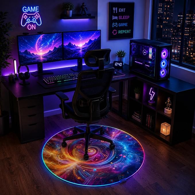 Gaming Chair Mat for Hardwood Floor Circle RGB Gaming Lights (Neon 47”) - Noise Cancelling, Anti-Slip Gamer Floor Mat – Scratch Resistant Computer Gaming Mat for Chair – Office Chair Mat - Image 6