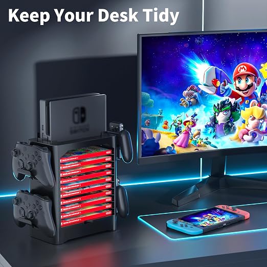 Multifunctional Game Disk Storage Tower for Nintendo Switch/OLED, Organizer Station with 10 Game Case Slot, Controller Stand with 4 Controller Rack Holder and Joy-Con Drawer for Switch Accessories - Image 5