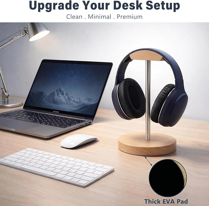 Wood & Metal Headphone Stand, Desktop Headset Holder with Stable Non-Slip Bamboo Base, Universal Headphone Hanger for Gaming Headsets, Office Desk, Home, Gift - Image 2
