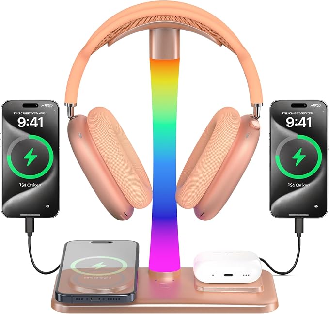 Headphone Stand with Wireless Charger,Gaming Headset stand with RGB Light Mode,For Airpod Max Stand Compatible with Airpod Pro/3/2,For iPhone 17/16/15/14/13/12/11,Gifts for Gamers & Music Lover (Gold) by Unknown