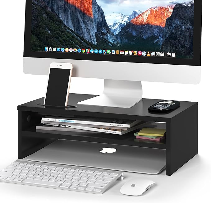 BONTEC Wooden Monitor Stand Riser for Desk, 2-Tier Computer Monitor Stand | 66 lbs Desk Shelf Organizer with Storage, Laptop & Printer Stand with Phone Holder and Cable Management, Black, 16.5 Inch by BONTEC